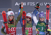 Winner Alice Robinson of New Zealand (M), second placed Mikaela Shiffrin of USA (L) and third placed Tessa Worley of France (R) celebrate their medals won in the women giant slalom race of the Audi FIS Alpine skiing World cup in Soelden, Austria. First race of women Audi FIS Alpine skiing World cup season 2019-2020, women giant slalom, was held on Rettenbach glacier above Soelden, Austria, on Saturday, 26th of October 2019.
