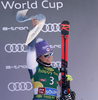 Third placed Tessa Worley of France celebrates her medal won in the women giant slalom race of the Audi FIS Alpine skiing World cup in Soelden, Austria. First race of women Audi FIS Alpine skiing World cup season 2019-2020, women giant slalom, was held on Rettenbach glacier above Soelden, Austria, on Saturday, 26th of October 2019.
