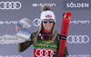 Second placed Mikaela Shiffrin of USA celebrates her medal won in the women giant slalom race of the Audi FIS Alpine skiing World cup in Soelden, Austria. First race of women Audi FIS Alpine skiing World cup season 2019-2020, women giant slalom, was held on Rettenbach glacier above Soelden, Austria, on Saturday, 26th of October 2019.
