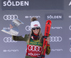 Second placed Mikaela Shiffrin of USA celebrates her medal won in the women giant slalom race of the Audi FIS Alpine skiing World cup in Soelden, Austria. First race of women Audi FIS Alpine skiing World cup season 2019-2020, women giant slalom, was held on Rettenbach glacier above Soelden, Austria, on Saturday, 26th of October 2019.
