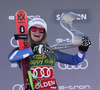 Winner Alice Robinson of New Zealand celebrates her medal won in the women giant slalom race of the Audi FIS Alpine skiing World cup in Soelden, Austria. First race of women Audi FIS Alpine skiing World cup season 2019-2020, women giant slalom, was held on Rettenbach glacier above Soelden, Austria, on Saturday, 26th of October 2019.
