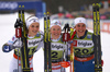 Second placed Stina Nilsson of Sweden (L), winner Jonna Sundling of Sweden (M) and third placed Julia Kern of USA celebrate their medals won in the sprint race of FIS Cross country skiing World Cup in Planica, Slovenia. Finals of women sprint finals of FIS Cross country skiing World Cup in Planica, Slovenia were held on Saturday, 21st of December 2019 in Planica, Slovenia.
