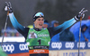Winner Lucas Chanavat of France  celebrating in finish of   the men sprint race of FIS Cross country skiing World Cup in Planica, Slovenia. Finals of men sprint finals of FIS Cross country skiing World Cup in Planica, Slovenia were held on Saturday, 21st of December 2019 in Planica, Slovenia.
