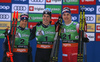 Second placed Federico Pellegrino of Italy (L), winner Lucas Chanavat of France (M) and third placed Erik Valnes of Norway (R) celebrate their medals won in the men sprint race of FIS Cross country skiing World Cup in Planica, Slovenia. Finals of men sprint finals of FIS Cross country skiing World Cup in Planica, Slovenia were held on Saturday, 21st of December 2019 in Planica, Slovenia.
