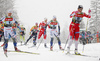 Jonna Sundling of Sweden (L), Linn Svahn of Sweden and Mari Eide of Norway (R) skiing in finals of women team sprint race of FIS Cross country skiing World Cup in Planica, Slovenia. Finals of women team sprint finals of FIS Cross country skiing World Cup in Planica, Slovenia were held on Sunday, 22nd of December 2019 in Planica, Slovenia.
