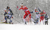 Jonna Sundling of Sweden (L), Ane Appelkvist Stenseth of Norway and Linn Svahn of Sweden skiing in finals of women team sprint race of FIS Cross country skiing World Cup in Planica, Slovenia. Finals of women team sprint finals of FIS Cross country skiing World Cup in Planica, Slovenia were held on Sunday, 22nd of December 2019 in Planica, Slovenia.
