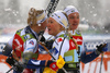 Maja Dahlqvist of Sweden (L), Jonna Sundling of Sweden and Linn Svahn of Sweden celebrating Swedens double win  in finals of women team sprint race of FIS Cross country skiing World Cup in Planica, Slovenia. Finals of women team sprint finals of FIS Cross country skiing World Cup in Planica, Slovenia were held on Sunday, 22nd of December 2019 in Planica, Slovenia.
