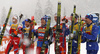 Second placed team Gjoeran Tefre of Norway, Haavard Solaas Taugboel of Norway, winning team Sindre Bjoernestad Skar of Norway, Erik Valnes of Norway and third placed team Joni Maeki of Finland, Ristomatti Hakola of Finland celebrate their medals won in the men team sprint race of FIS Cross country skiing World Cup in Planica, Slovenia. Finals of men team sprint finals of FIS Cross country skiing World Cup in Planica, Slovenia were held on Sunday, 22nd of December 2019 in Planica, Slovenia.
