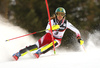 Katharina Liensberger of Austria skiing during the first run of the women slalom Snow Queen trophy race of the Audi FIS Alpine skiing World cup in Zagreb, Croatia. Women Snow Queen Trophy slalom race of Audi FIS Alpine skiing World cup season 2019-2020, was held on Sljeme above Zagreb, Croatia, on Saturday, 4th of January 2020.
