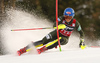 Mikaela Shiffrin of USA skiing during the first run of the women slalom Snow Queen trophy race of the Audi FIS Alpine skiing World cup in Zagreb, Croatia. Women Snow Queen Trophy slalom race of Audi FIS Alpine skiing World cup season 2019-2020, was held on Sljeme above Zagreb, Croatia, on Saturday, 4th of January 2020.
