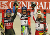 Winner Petra Vlhova of Slovakia (M), second placed  Mikaela Shiffrin of USA  (L) and third placed Katharina Liensberger of Austria (R) celebrating after the women slalom Snow Queen trophy race of the Audi FIS Alpine skiing World cup in Zagreb, Croatia. Women Snow Queen Trophy slalom race of Audi FIS Alpine skiing World cup season 2019-2020, was held on Sljeme above Zagreb, Croatia, on Saturday, 4th of January 2020.
