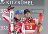 Second placed Matthias Mayer of Austria (L) and Aleksander Aamodt Kilde of Norway (R) celebrate their medals won in the men super-g race of the Audi FIS Alpine skiing World cup in Kitzbuehel, Austria. Men super-g race of Audi FIS Alpine skiing World cup 2019-2020, was held on Streif in Kitzbuehel, Austria, on Friday, 24th of January 2020.
