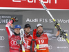 Winner Kjetil Jansrud of Norway (R), second placed Matthias Mayer of Austria (L) and Aleksander Aamodt Kilde of Norway (M) celebrate their medals won in the men super-g race of the Audi FIS Alpine skiing World cup in Kitzbuehel, Austria. Men super-g race of Audi FIS Alpine skiing World cup 2019-2020, was held on Streif in Kitzbuehel, Austria, on Friday, 24th of January 2020.
