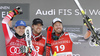 Winner Kjetil Jansrud of Norway (R), second placed Matthias Mayer of Austria (L) and Aleksander Aamodt Kilde of Norway (M) celebrate their medals won in the men super-g race of the Audi FIS Alpine skiing World cup in Kitzbuehel, Austria. Men super-g race of Audi FIS Alpine skiing World cup 2019-2020, was held on Streif in Kitzbuehel, Austria, on Friday, 24th of January 2020.
