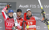 Winner Kjetil Jansrud of Norway (R), second placed Matthias Mayer of Austria (L) and Aleksander Aamodt Kilde of Norway (M) celebrate their medals won in the men super-g race of the Audi FIS Alpine skiing World cup in Kitzbuehel, Austria. Men super-g race of Audi FIS Alpine skiing World cup 2019-2020, was held on Streif in Kitzbuehel, Austria, on Friday, 24th of January 2020.
