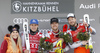 Winner Kjetil Jansrud of Norway (R), second placed Matthias Mayer of Austria (2nd from L) and Aleksander Aamodt Kilde of Norway (M) celebrate their medals won in the men super-g race of the Audi FIS Alpine skiing World cup in Kitzbuehel, Austria together with Lindsey Vonn (L). Men super-g race of Audi FIS Alpine skiing World cup 2019-2020, was held on Streif in Kitzbuehel, Austria, on Friday, 24th of January 2020.
