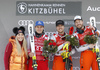 Winner Kjetil Jansrud of Norway (R), second placed Matthias Mayer of Austria (2nd from L) and Aleksander Aamodt Kilde of Norway (M) celebrate their medals won in the men super-g race of the Audi FIS Alpine skiing World cup in Kitzbuehel, Austria together with Lindsey Vonn (L). Men super-g race of Audi FIS Alpine skiing World cup 2019-2020, was held on Streif in Kitzbuehel, Austria, on Friday, 24th of January 2020.
