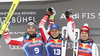 Winner Matthias Mayer of Austria (M), second placed Vincent Kriechmayr of Austria (L) and also second placed Beat Feuz of Switzerland (R) celebrate their medals won in the men downhill race of the Audi FIS Alpine skiing World cup in Kitzbuehel, Austria. Men downhill race of Audi FIS Alpine skiing World cup 2019-2020, was held on Streif in Kitzbuehel, Austria, on Saturday, 25th of January 2020.
