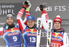 Winner Matthias Mayer of Austria (M), second placed Vincent Kriechmayr of Austria (L) and also second placed Beat Feuz of Switzerland (R) celebrate their medals won in the men downhill race of the Audi FIS Alpine skiing World cup in Kitzbuehel, Austria. Men downhill race of Audi FIS Alpine skiing World cup 2019-2020, was held on Streif in Kitzbuehel, Austria, on Saturday, 25th of January 2020.
