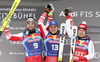 Winner Matthias Mayer of Austria (M), second placed Vincent Kriechmayr of Austria (L) and also second placed Beat Feuz of Switzerland (R) celebrate their medals won in the men downhill race of the Audi FIS Alpine skiing World cup in Kitzbuehel, Austria. Men downhill race of Audi FIS Alpine skiing World cup 2019-2020, was held on Streif in Kitzbuehel, Austria, on Saturday, 25th of January 2020.
