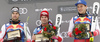 Winner Matthias Mayer of Austria (M), second placed Vincent Kriechmayr of Austria (L) and also second placed Beat Feuz of Switzerland (R) celebrate their medals won in the men downhill race of the Audi FIS Alpine skiing World cup in Kitzbuehel, Austria. Men downhill race of Audi FIS Alpine skiing World cup 2019-2020, was held on Streif in Kitzbuehel, Austria, on Saturday, 25th of January 2020.
