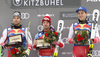 Winner Matthias Mayer of Austria (M), second placed Vincent Kriechmayr of Austria (L) and also second placed Beat Feuz of Switzerland (R) celebrate their medals won in the men downhill race of the Audi FIS Alpine skiing World cup in Kitzbuehel, Austria. Men downhill race of Audi FIS Alpine skiing World cup 2019-2020, was held on Streif in Kitzbuehel, Austria, on Saturday, 25th of January 2020.
