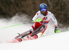 Marco Schwarz of Austria skiing during first run of the men slalom race of the Audi FIS Alpine skiing World cup in Kitzbuehel, Austria. Men slalom race of Audi FIS Alpine skiing World cup 2019-2020, was held on Ganslernhang in Kitzbuehel, Austria, on Sunday, 26th of January 2020.
