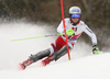 Fabio Gstrein of Austria skiing during first run of the men slalom race of the Audi FIS Alpine skiing World cup in Kitzbuehel, Austria. Men slalom race of Audi FIS Alpine skiing World cup 2019-2020, was held on Ganslernhang in Kitzbuehel, Austria, on Sunday, 26th of January 2020.
