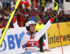 Winner Clement Noel of France celebrating after the men slalom race of the Audi FIS Alpine skiing World cup in Kitzbuehel, Austria. Men slalom race of Audi FIS Alpine skiing World cup 2019-2020, was held on Ganslernhang in Kitzbuehel, Austria, on Sunday, 26th of January 2020.
