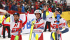 Winner Daniel Yule of Switzerland (M), second placed Marco Schwarz of Austria  (L) and third placed  Clement Noel of France (R) celebrating on the podium after the men slalom race of the Audi FIS Alpine skiing World cup in Kitzbuehel, Austria. Men slalom race of Audi FIS Alpine skiing World cup 2019-2020, was held on Ganslernhang in Kitzbuehel, Austria, on Sunday, 26th of January 2020.
