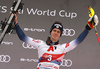 Third placed Clement Noel of France celebrating on the podium after the men slalom race of the Audi FIS Alpine skiing World cup in Kitzbuehel, Austria. Men slalom race of Audi FIS Alpine skiing World cup 2019-2020, was held on Ganslernhang in Kitzbuehel, Austria, on Sunday, 26th of January 2020. <br> 
