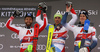 Winner Daniel Yule of Switzerland (M), second placed Marco Schwarz of Austria  (L) and third placed  Clement Noel of France (R) celebrating on the podium after the men slalom race of the Audi FIS Alpine skiing World cup in Kitzbuehel, Austria. Men slalom race of Audi FIS Alpine skiing World cup 2019-2020, was held on Ganslernhang in Kitzbuehel, Austria, on Sunday, 26th of January 2020.
