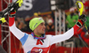 Winner Daniel Yule of Switzerland  celebrating after the men slalom race of the Audi FIS Alpine skiing World cup in Kitzbuehel, Austria. Men slalom race of Audi FIS Alpine skiing World cup 2019-2020, was held on Ganslernhang in Kitzbuehel, Austria, on Sunday, 26th of January 2020.
