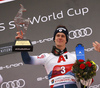 Third placed  Clement Noel of France celebrating on the podium after the men slalom race of the Audi FIS Alpine skiing World cup in Kitzbuehel, Austria. Men slalom race of Audi FIS Alpine skiing World cup 2019-2020, was held on Ganslernhang in Kitzbuehel, Austria, on Sunday, 26th of January 2020.
