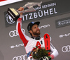  second placed Marco Schwarz of Austria celebrating on the podium after the men slalom race of the Audi FIS Alpine skiing World cup in Kitzbuehel, Austria. Men slalom race of Audi FIS Alpine skiing World cup 2019-2020, was held on Ganslernhang in Kitzbuehel, Austria, on Sunday, 26th of January 2020.
