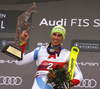 Winner Daniel Yule of Switzerland celebrating on the podium after the men slalom race of the Audi FIS Alpine skiing World cup in Kitzbuehel, Austria. Men slalom race of Audi FIS Alpine skiing World cup 2019-2020, was held on Ganslernhang in Kitzbuehel, Austria, on Sunday, 26th of January 2020.
