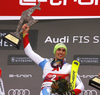 Winner Daniel Yule of Switzerland celebrating on the podium after the men slalom race of the Audi FIS Alpine skiing World cup in Kitzbuehel, Austria. Men slalom race of Audi FIS Alpine skiing World cup 2019-2020, was held on Ganslernhang in Kitzbuehel, Austria, on Sunday, 26th of January 2020.
