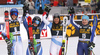 Winner Alice Robinson of New Zealand ( M), second placed   Petra Vlhova of Slovakia (L) and third placed Wendy Holdener of Switzerland and Meta Hrovat of Slovenia (R) celebrating after the women giant slalom race of the Audi FIS Alpine skiing World cup in Kranjska Gora, Slovenia. Women Golden Fox trophy giant slalom race of Audi FIS Alpine skiing World cup 2019-2020, was transferred from Maribor to Kranjska Gora, Slovenia, and was on Saturday, 15th of February 2020.
