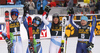 Winner Alice Robinson of New Zealand ( 4, M), second placed   Petra Vlhova of Slovakia (L) and third placed Wendy Holdener of Switzerland and Meta Hrovat of Slovenia (R) celebrating after the women giant slalom race of the Audi FIS Alpine skiing World cup in Kranjska Gora, Slovenia. Women Golden Fox trophy giant slalom race of Audi FIS Alpine skiing World cup 2019-2020, was transferred from Maribor to Kranjska Gora, Slovenia, and was on Saturday, 15th of February 2020.
