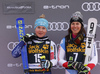 Third placed Meta Hrovat of Slovenia (L) and Wendy Holdener of Switzerland (R) celebrating on the podium after the women giant slalom race of the Audi FIS Alpine skiing World cup in Kranjska Gora, Slovenia. Women Golden Fox trophy giant slalom race of Audi FIS Alpine skiing World cup 2019-2020, was transferred from Maribor to Kranjska Gora, Slovenia, and was on Saturday, 15th of February 2020.
