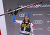 Second placed Petra Vlhova of Slovakia celebrating on the podium after the women giant slalom race of the Audi FIS Alpine skiing World cup in Kranjska Gora, Slovenia. Women Golden Fox trophy giant slalom race of Audi FIS Alpine skiing World cup 2019-2020, was transferred from Maribor to Kranjska Gora, Slovenia, and was on Saturday, 15th of February 2020.
