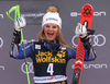 Winner Alice Robinson of New Zealand celebrating on the podium after the women giant slalom race of the Audi FIS Alpine skiing World cup in Kranjska Gora, Slovenia. Women Golden Fox trophy giant slalom race of Audi FIS Alpine skiing World cup 2019-2020, was transferred from Maribor to Kranjska Gora, Slovenia, and was on Saturday, 15th of February 2020.
