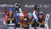 Winner Alice Robinson of New Zealand (4, M), second placed  Petra Vlhova of Slovakia (L) and third placed Meta Hrovat of Slovenia (15) and Wendy Holdener of Switzerland and (7, R) celebrating on the podium after the women giant slalom race of the Audi FIS Alpine skiing World cup in Kranjska Gora, Slovenia. Women Golden Fox trophy giant slalom race of Audi FIS Alpine skiing World cup 2019-2020, was transferred from Maribor to Kranjska Gora, Slovenia, and was on Saturday, 15th of February 2020.
