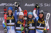 Winner Alice Robinson of New Zealand (4, M), second placed  Petra Vlhova of Slovakia (L) and third placed Meta Hrovat of Slovenia (15) and Wendy Holdener of Switzerland and (7, R) celebrating on the podium after the women giant slalom race of the Audi FIS Alpine skiing World cup in Kranjska Gora, Slovenia. Women Golden Fox trophy giant slalom race of Audi FIS Alpine skiing World cup 2019-2020, was transferred from Maribor to Kranjska Gora, Slovenia, and was on Saturday, 15th of February 2020.
