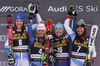 Winner Alice Robinson of New Zealand (4, M), second placed  Petra Vlhova of Slovakia (L) and third placed Meta Hrovat of Slovenia (15) and Wendy Holdener of Switzerland and (7, R) celebrating on the podium after the women giant slalom race of the Audi FIS Alpine skiing World cup in Kranjska Gora, Slovenia. Women Golden Fox trophy giant slalom race of Audi FIS Alpine skiing World cup 2019-2020, was transferred from Maribor to Kranjska Gora, Slovenia, and was on Saturday, 15th of February 2020.
