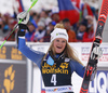 Winner Alice Robinson of New Zealand celebrating after the women giant slalom race of the Audi FIS Alpine skiing World cup in Kranjska Gora, Slovenia. Women Golden Fox trophy giant slalom race of Audi FIS Alpine skiing World cup 2019-2020, was transferred from Maribor to Kranjska Gora, Slovenia, and was on Saturday, 15th of February 2020.
