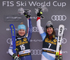 Third placed Meta Hrovat of Slovenia (L) and Wendy Holdener of Switzerland (R) celebrating on the podium after the women giant slalom race of the Audi FIS Alpine skiing World cup in Kranjska Gora, Slovenia. Women Golden Fox trophy giant slalom race of Audi FIS Alpine skiing World cup 2019-2020, was transferred from Maribor to Kranjska Gora, Slovenia, and was on Saturday, 15th of February 2020.

