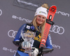 Winner Alice Robinson of New Zealand celebrating on the podium after the women giant slalom race of the Audi FIS Alpine skiing World cup in Kranjska Gora, Slovenia. Women Golden Fox trophy giant slalom race of Audi FIS Alpine skiing World cup 2019-2020, was transferred from Maribor to Kranjska Gora, Slovenia, and was on Saturday, 15th of February 2020.
