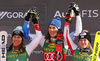 Winner Petra Vlhova of Slovakia (M), second placed Wendy Holdener of Switzerland (L) and third placed Katharina Truppe of Austria (R) celebrate their medals won in the women slalom race of the Audi FIS Alpine skiing World cup in Kranjska Gora, Slovenia. Women Golden Fox trophy slalom race of Audi FIS Alpine skiing World cup 2019-2020, was transferred from Maribor to Kranjska Gora, Slovenia, and was held on Sunday, 16th of February 2020.
