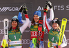 Winner Petra Vlhova of Slovakia (M), second placed Wendy Holdener of Switzerland (L) and third placed Katharina Truppe of Austria (R) celebrate their medals won in the women slalom race of the Audi FIS Alpine skiing World cup in Kranjska Gora, Slovenia. Women Golden Fox trophy slalom race of Audi FIS Alpine skiing World cup 2019-2020, was transferred from Maribor to Kranjska Gora, Slovenia, and was held on Sunday, 16th of February 2020.
